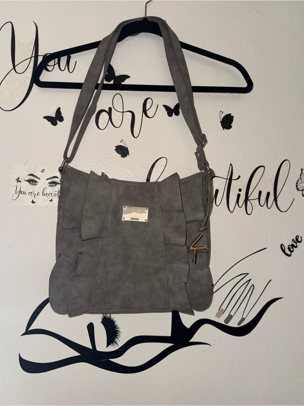 Kensie Gray Suede-Look Shoulder Bag with Metal Plaque
